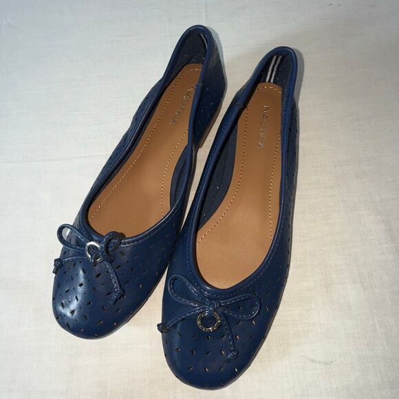 Nautica Navy Blue Perforated Ballet Flats | Bow Accent Slip-On Shoes | Casual Co - Picture 3 of 11